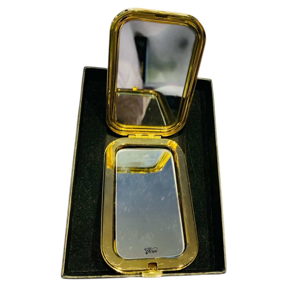 Mirror Compact Metal Enamel Cubist Art Gold, Pink, Blue Inlaid Gems - Picture 6 of 9
